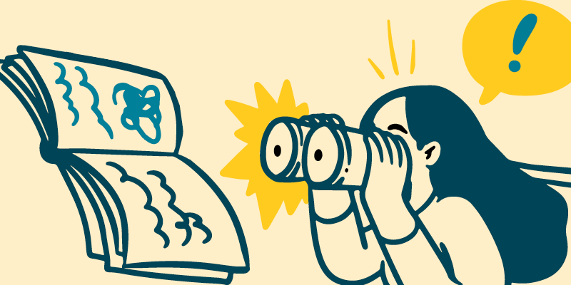 Woman reading a book through binoculars looking shocked.