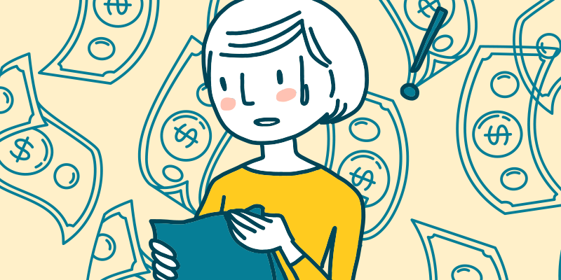 Drawing of a woman looking at a blue piece of paper with a worried look on her face, and dollar bills in the background.