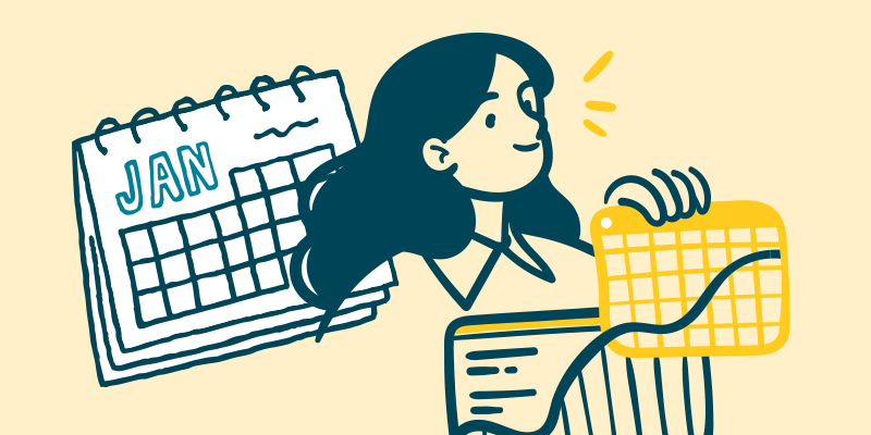 Illustration of a dark-haired woman holding spreadsheets in front of a calendar with JAN at the top