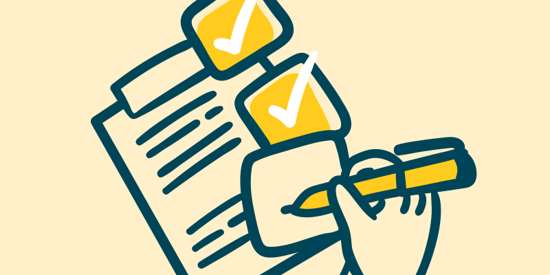 Drawing of a list with two checkmarks and a hand holding a pen.
