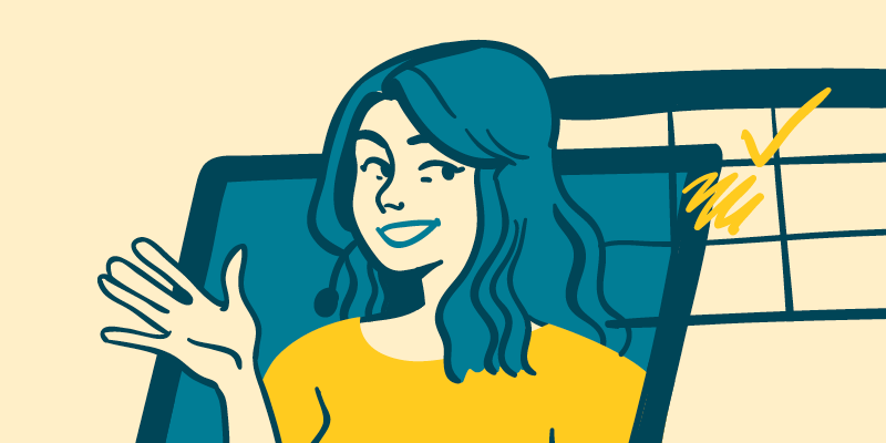 Illustration of a smiling woman on a computer screen with a calendar and a check mark on a highlighted square.